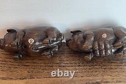 A Pair of Antique Japanese Netsuke Carved Wooden Pigs-Signed