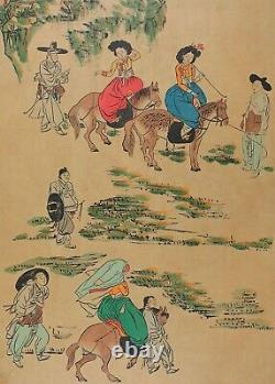 A Pair of Korean Painting, Colorful Korean Traditional Costumes and Daily Life