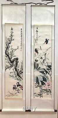 A Pair of Rare Vintage Chinese Watercolor Hanging Scrolls Signed/Stamped