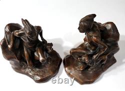 A Pair of Vintage BRONZE NATIVE AMERICAN Hunter & Dog BOOKENDS- Signed C. VIETH