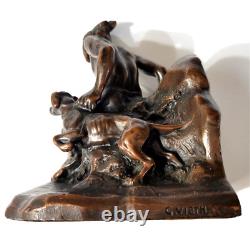 A Pair of Vintage BRONZE NATIVE AMERICAN Hunter & Dog BOOKENDS- Signed C. VIETH
