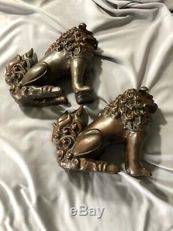 A. TIOT SIGNED Pair Foo Dogs/Guardian Lions Vintage Chinese Bronze Statues