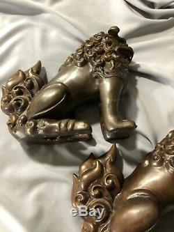 A. TIOT SIGNED Pair Foo Dogs/Guardian Lions Vintage Chinese Bronze Statues