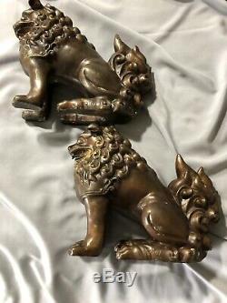 A. TIOT SIGNED Pair Foo Dogs/Guardian Lions Vintage Chinese Bronze Statues