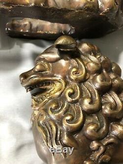 A. TIOT SIGNED Pair Foo Dogs/Guardian Lions Vintage Chinese Bronze Statues