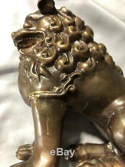 A. TIOT SIGNED Pair Foo Dogs/Guardian Lions Vintage Chinese Bronze Statues