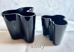 A Vintage Pair Modern ALVAR AALTO Savoy Black Glass Vases. Signed LITTALA Rare