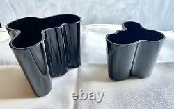 A Vintage Pair Modern ALVAR AALTO Savoy Black Glass Vases. Signed LITTALA Rare