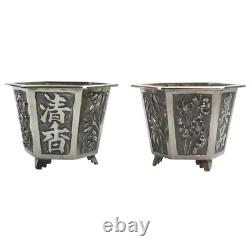 A good pair antique Chinese solid silver novelty Wang Hing Salts & liners C. 1900