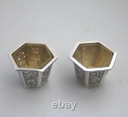 A good pair antique Chinese solid silver novelty Wang Hing Salts & liners C. 1900
