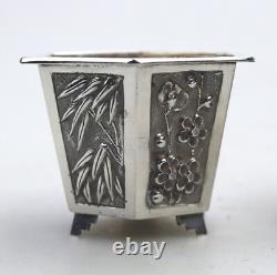 A good pair antique Chinese solid silver novelty Wang Hing Salts & liners C. 1900