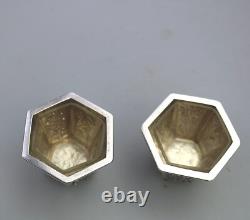 A good pair antique Chinese solid silver novelty Wang Hing Salts & liners C. 1900