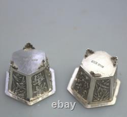 A good pair antique Chinese solid silver novelty Wang Hing Salts & liners C. 1900