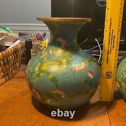 A pair of Heavy Antique Chinese Cloisonne Vases signed