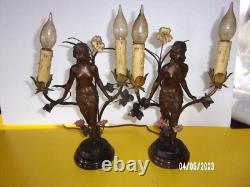 A pair of Rare Art Nouveau Dresser or Mantle Lamps Nude Woman signed Germany