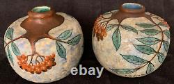 A pair of Signed Louis Dage Art Deco Vases Hand-Painted Foliage Branches 1920s