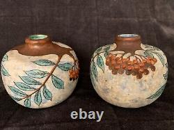 A pair of Signed Louis Dage Art Deco Vases Hand-Painted Foliage Branches 1920s