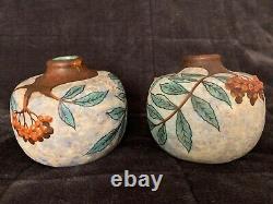 A pair of Signed Louis Dage Art Deco Vases Hand-Painted Foliage Branches 1920s