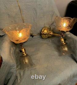 ANTIQUE 1900 PAIR of Gas/Electric Wall Fixtures Signed Bradley and Hubbard