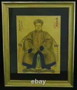ANTIQUE 19c. PAIR OF CHINESE ANCESTOR SEATED PORTRAITS DOUBLE CHOP SIGN MARKS
