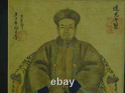 ANTIQUE 19c. PAIR OF CHINESE ANCESTOR SEATED PORTRAITS DOUBLE CHOP SIGN MARKS