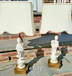 ANTIQUE BLANC DE CHINE CHINESE GODDESS KWAN QUAN YIN FIGURE TABLE LAMP pair of 2