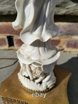 ANTIQUE BLANC DE CHINE CHINESE GODDESS KWAN QUAN YIN FIGURE TABLE LAMP pair of 2