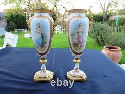 ANTIQUE FRENCH SEVRES PORCELAIN PAIR 2 VASES URNS SIGNED 19th C BRONZE MOUNTED