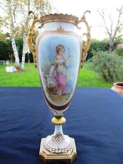 ANTIQUE FRENCH SEVRES PORCELAIN PAIR 2 VASES URNS SIGNED 19th C BRONZE MOUNTED