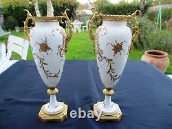 ANTIQUE FRENCH SEVRES PORCELAIN PAIR 2 VASES URNS SIGNED 19th C BRONZE MOUNTED