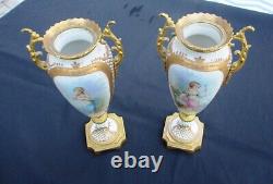 ANTIQUE FRENCH SEVRES PORCELAIN PAIR 2 VASES URNS SIGNED 19th C BRONZE MOUNTED