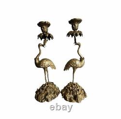 ANTIQUE GILT BRONZE OSTRICH CANDLE HOLDER -PAIR-SIGNED Thomas Abbott FRENCH