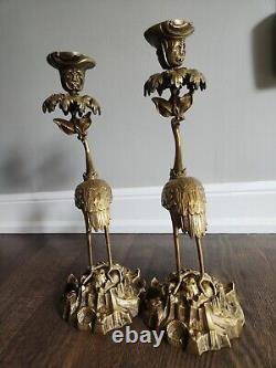 ANTIQUE GILT BRONZE OSTRICH CANDLE HOLDER -PAIR-SIGNED Thomas Abbott FRENCH