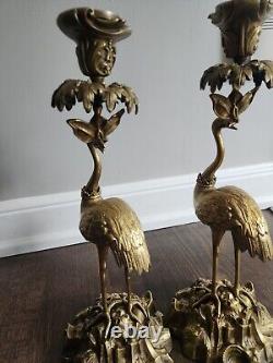 ANTIQUE GILT BRONZE OSTRICH CANDLE HOLDER -PAIR-SIGNED Thomas Abbott FRENCH