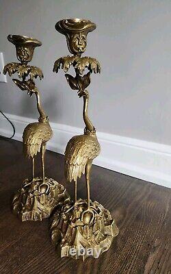 ANTIQUE GILT BRONZE OSTRICH CANDLE HOLDER -PAIR-SIGNED Thomas Abbott FRENCH