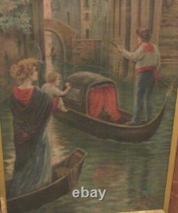 ANTIQUE ITALIAN VENICE CANAL SCENE WITH GONDOLA, WOMAN WITH CHILD O/C 1 of pair