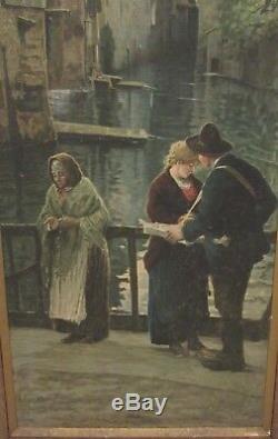 ANTIQUE ITALIAN VENICE SCENE VENDOR WITH GIRL AND OLD WOMAN O/C (1 of pair)
