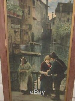 ANTIQUE ITALIAN VENICE SCENE VENDOR WITH GIRL AND OLD WOMAN O/C (1 of pair)