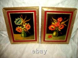 ANTIQUE MINIATURE OIL PAINTING FLORAL POPPIES PAIR 1930s GILT WOOD FRAMES SIGNED