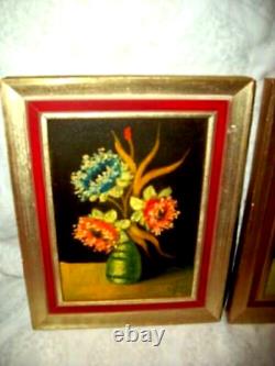 ANTIQUE MINIATURE OIL PAINTING FLORAL POPPIES PAIR 1930s GILT WOOD FRAMES SIGNED