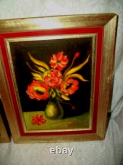 ANTIQUE MINIATURE OIL PAINTING FLORAL POPPIES PAIR 1930s GILT WOOD FRAMES SIGNED