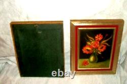 ANTIQUE MINIATURE OIL PAINTING FLORAL POPPIES PAIR 1930s GILT WOOD FRAMES SIGNED