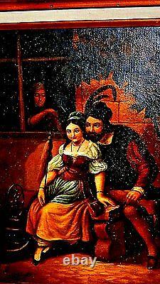 ANTIQUE OLD DUTCH GENRE OIL ON CANVAS PAINTING WithYOUNG COUPLE COURTING SCENE