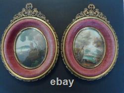 ANTIQUE PAIR BEAUTIFUL FRENCH 19th MINIATURES PAINTING BRONZE FRAMES SIGNED