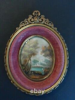 ANTIQUE PAIR BEAUTIFUL FRENCH 19th MINIATURES PAINTING BRONZE FRAMES SIGNED