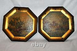 ANTIQUE PAIR OIL on BOARD PAINTINGS SIGNED LAVERA OCTAGON SHAPE FRAMED