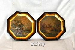ANTIQUE PAIR OIL on BOARD PAINTINGS SIGNED LAVERA OCTAGON SHAPE FRAMED