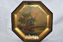 ANTIQUE PAIR OIL on BOARD PAINTINGS SIGNED LAVERA OCTAGON SHAPE FRAMED