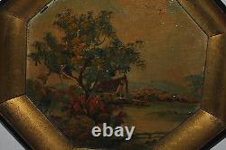 ANTIQUE PAIR OIL on BOARD PAINTINGS SIGNED LAVERA OCTAGON SHAPE FRAMED