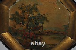 ANTIQUE PAIR OIL on BOARD PAINTINGS SIGNED LAVERA OCTAGON SHAPE FRAMED